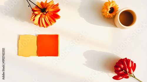 Warm Minimalist Flat Lay with Autumn Flowers, Coffee, and Blank Stationery on a White Surface