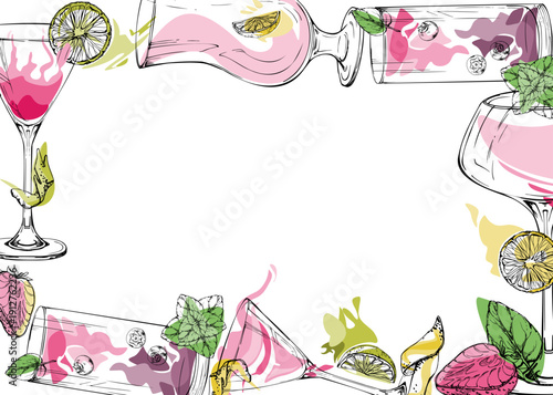 Vector frame of pink cocktails with berry accents and clean ink outlines, mint and citrus garnish. Hand drawn for romantic spreads, summer menu edges, event borders, packaging and lifestyle blogs.