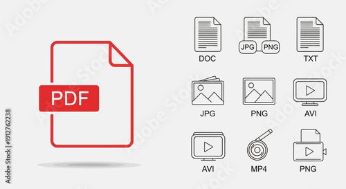 File Format Icons: PDF, DOC, JPG, PNG, TXT, AVI, MP4
