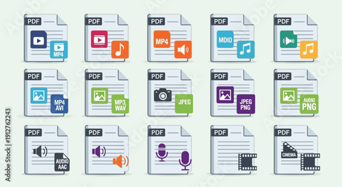 File Format Icons: PDF, MP4, JPEG, Audio, Video