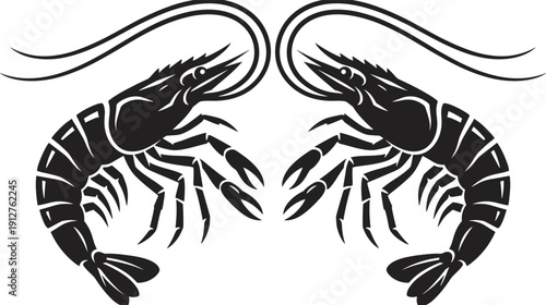 Shrimp silhouette pair with detailed claws and curved tails isolated black seafood vector illustration design