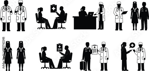 Medical, healthcare, doctor, nurse, patient, silhouettes, set, bundle, collection, hospital, staff, clinic, consultation, physician, specialist, surgery, medicine, nursing, health, professionals,