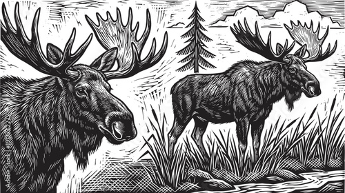 Moose wildlife engraving illustration featuring majestic elk in forest landscape vintage black and white woodcut style