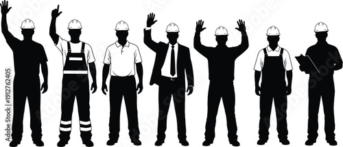 Set of silhouette vector illustrations featuring construction workers, engineers, and foremen in hard hats, safety vests, and professional business suits