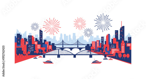 Vector cityscape with bridge and fireworks on transparent background