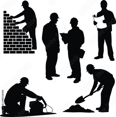 Construction worker silhouette set with builders working, bricklaying, digging, welding and blueprint inspection, industrial labor team, black vector illustration collection.