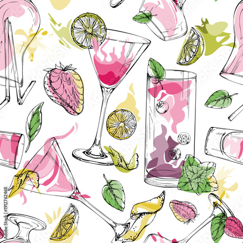 Pink cocktails, juice and lemonade, milkshake with berry, citrus peel and mint accents. Vector seamless pattern hand drawn in ink for textile, packaging, notebooks, background fill, seasonal graphics.