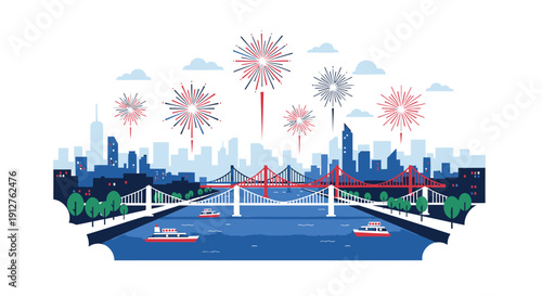 Vector illustration of a city skyline with a red bridge over a river and fireworks exploding in the sky