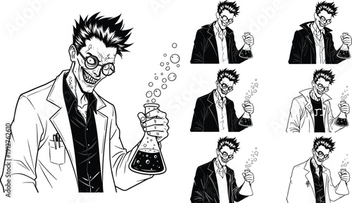 Mad, scientist, character, set, holding, bubbling, chemical, flask, evil, smile, lab, coat, manga, style, black, and, white, vector, illustration, collection,Mad, scientist, character, set