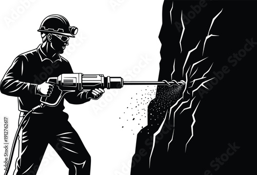 Strong miner silhouette using heavy duty jackhammer drill to break rock in underground coal mine for industrial extraction energy production