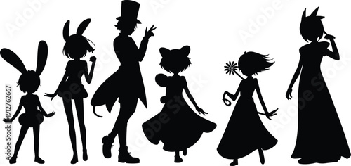 Fantasy character silhouette set with cute anime girls and magical figures, rabbit ear costumes, elegant dresses, fairy tale heroes, black vector illustration.