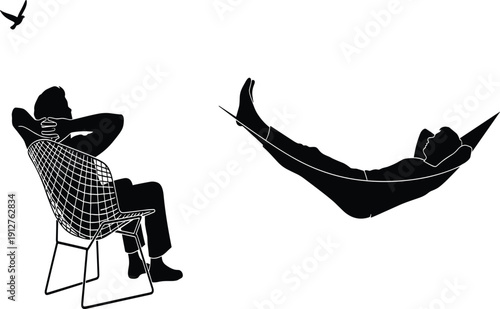 Set of silhouette vector illustrations featuring men relaxing in a hammock and a lounge chair, enjoying peaceful leisure time outdoors
