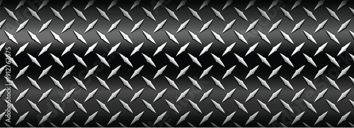 SIlver black banner with diamond plate pattern, shiny steel metal sheet texture industrial background.