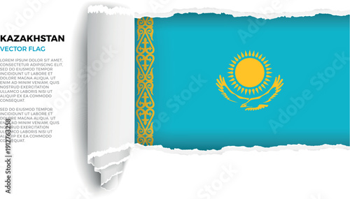 Flag of Kazakhstan. Flag revealed through torn paper rolled up on a transparent background