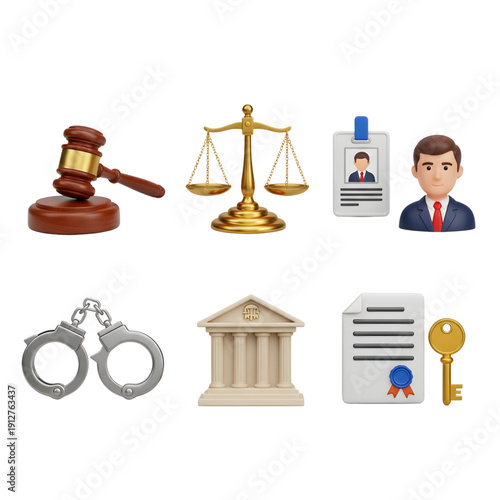 Justice and law enforcement symbols with judge's gavel, scales, ID badge, handcuffs, courthouse, document, and key