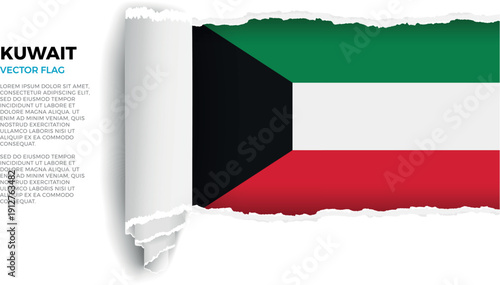 Flag of Kuwait. Flag revealed through torn paper rolled up on a transparent background
