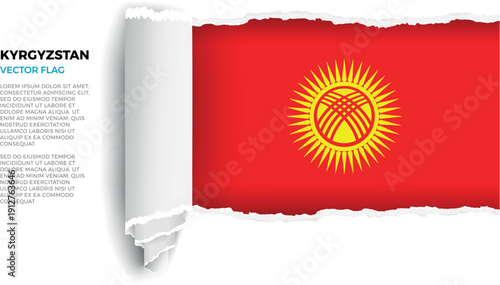 Flag of Kyrgyzstan. Flag revealed through torn paper rolled up on a transparent background