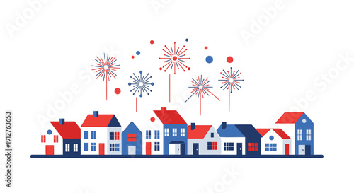 Vector illustration of a row of colorful houses with red, white and blue fireworks exploding above them isolated on transparent background