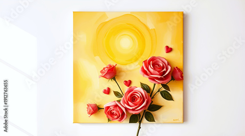 Vibrant 3D Floral Canvas Art Featuring Pink Roses and Hearts on a Sunny Yellow Glow