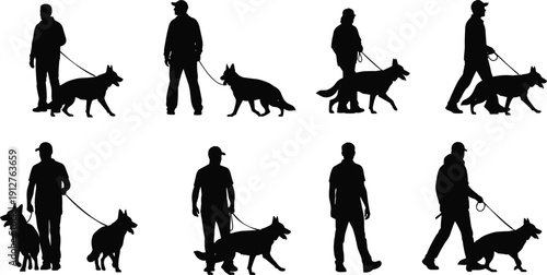 Silhouette set of man walking German Shepherd dog on leash in various poses for pet care canine training and exercise