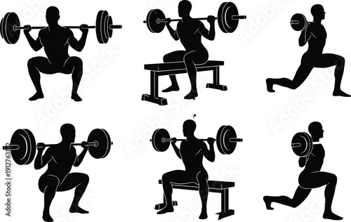 Silhouette set of male bodybuilder performing barbell squats lunges and bench press exercises for strength training fitness and weightlifting workout