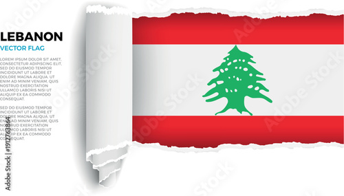 Flag of Lebanon. Flag revealed through torn paper rolled up on a transparent background