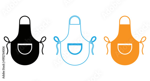 Three stylized aprons in distinct colors for culinary or artistic use isolated on transparent background, Vector