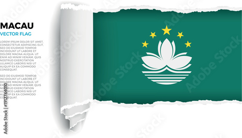 Flag of Macau. Flag revealed through torn paper rolled up on a transparent background