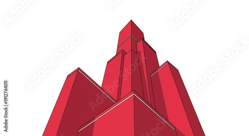Red Geometric Skyscraper Vector Illustration. Abstract Low-Angle View of Modern Building Towers Isolated on White Background.