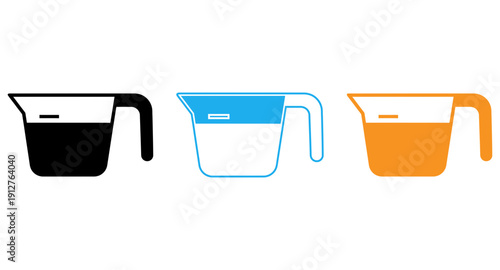 Three differently colored measuring cups with varying designs and handles isolated on transparent background, Vector