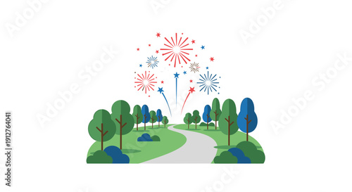 Colorful fireworks exploding over a serene park landscape with a winding path and trees isolated on transparent background