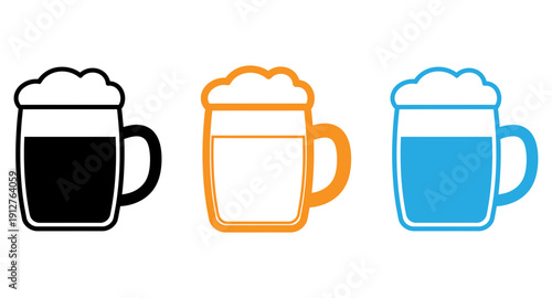 Three stylized emoji illustrations depicting different types of beverages in mugs. isolated on transparent background, Vector