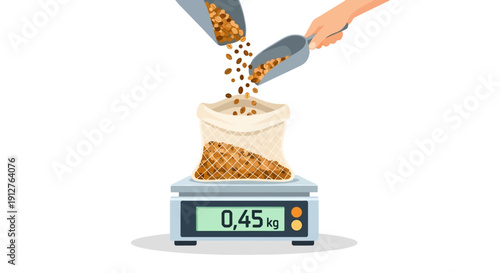 Digital Scale Weighing Bulk Food. Zero Waste Shopping Concept with Reusable Mesh Bag and Coffee Beans/Grains.