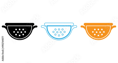Three strainers of different colors and materials displayed side by side isolated on transparent background, Vector