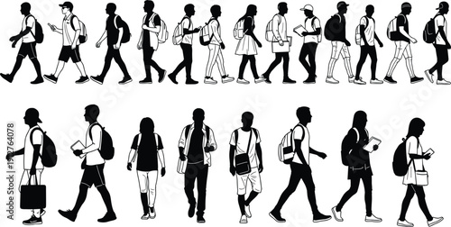 Silhouette, collection, of, diverse, students, walking, with, backpacks, and, books, isolated, on, white, background, education, school, university, learning, vector, illustration,