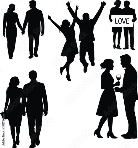 Romantic couple silhouette set with love moments, holding hands, walking together, celebrating, proposal and dating scenes, black vector illustration for Valentine design.