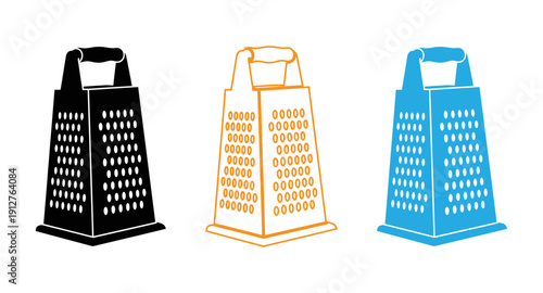 Three different colored kitchen graters displayed side by side for comparison isolated on transparent background, Vector