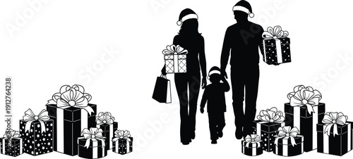 Silhouette, of, family, wearing, Santa, hats, walking, with, shopping, bags, and, Christmas, gifts, isolated, on, white, background, vector, holiday, celebration,