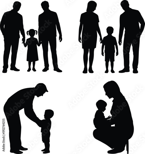 Family silhouette set with parents and children, father and mother standing together, caring moments with kids, happy parenting concept, black vector illustration.