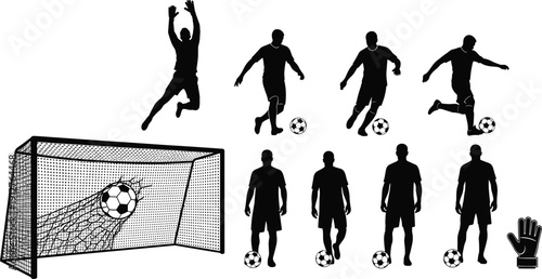 Soccer player silhouettes set with goal net, football athletes kicking ball, goalkeeper jumping, professional sports action figures, isolated vector elements.