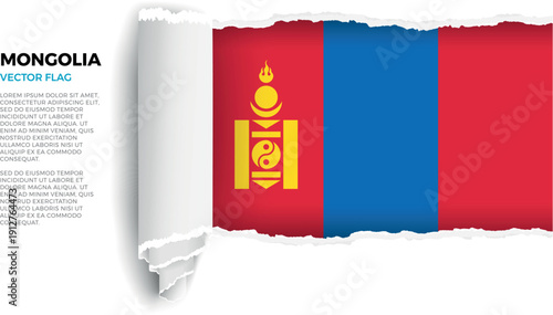Flag of Mongolia. Flag revealed through torn paper rolled up on a transparent background