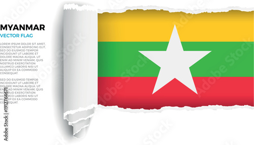 Flag of Myanmar. Flag revealed through torn paper rolled up on a transparent background