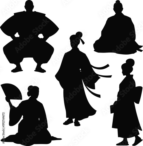 Japanese traditional people silhouette set, kimono and samurai poses collection, geisha figures with fan, sitting and standing characters for cultural design and illustration.