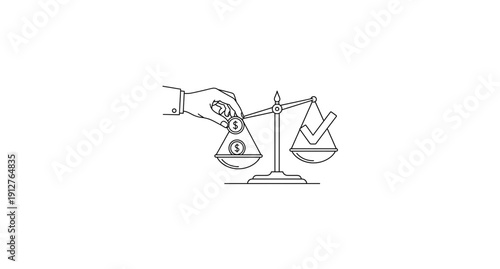 Financial audit line icon. Scale with coin and checkmark symbol