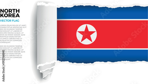 Flag of North Korea. Flag revealed through torn paper rolled up on a transparent background