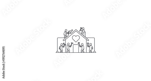 Volunteers building home for charity. Community housing project icon