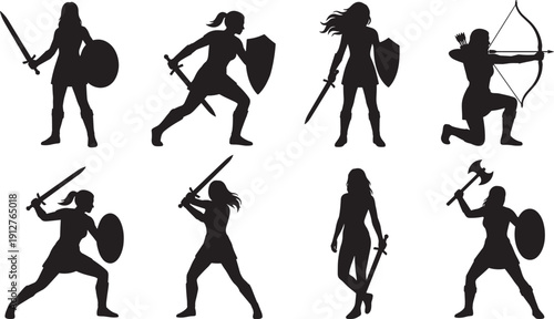 Female warrior silhouettes set with sword shield and archer poses, fantasy medieval fighter vector collection isolated