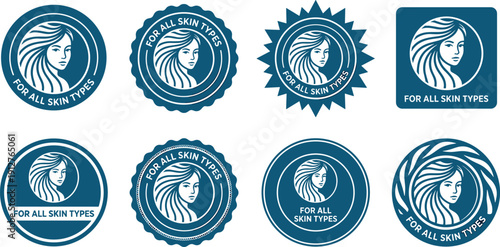 For all skin types badge collection, cosmetic beauty logo set blue label icons