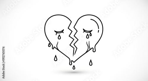 Hand drawn broken heart crying tears illustration.