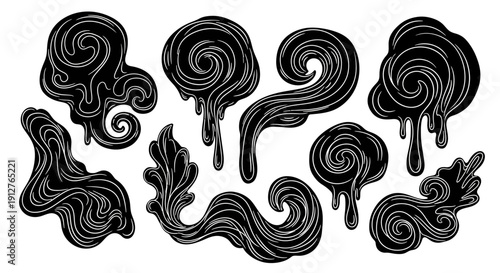 Set of Abstract Black Swirling Liquid and Smoke Graphic Elements with Drips